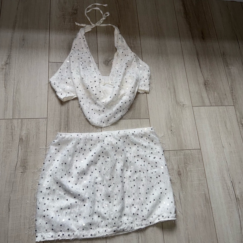 White Sequin Mini Skirt Set for Night Out